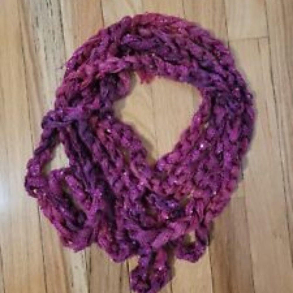 Handmade Raspberry w/ Gold Sequins Rope Braided/Chain link Infinity Scarf ~ NEW